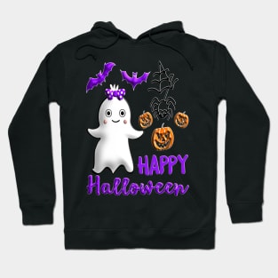 Pumpkin baby girl ghost Kawaii bat spider Happy Halloween violet orange black dots ribbon 3D tridimensional 317 Hoodie